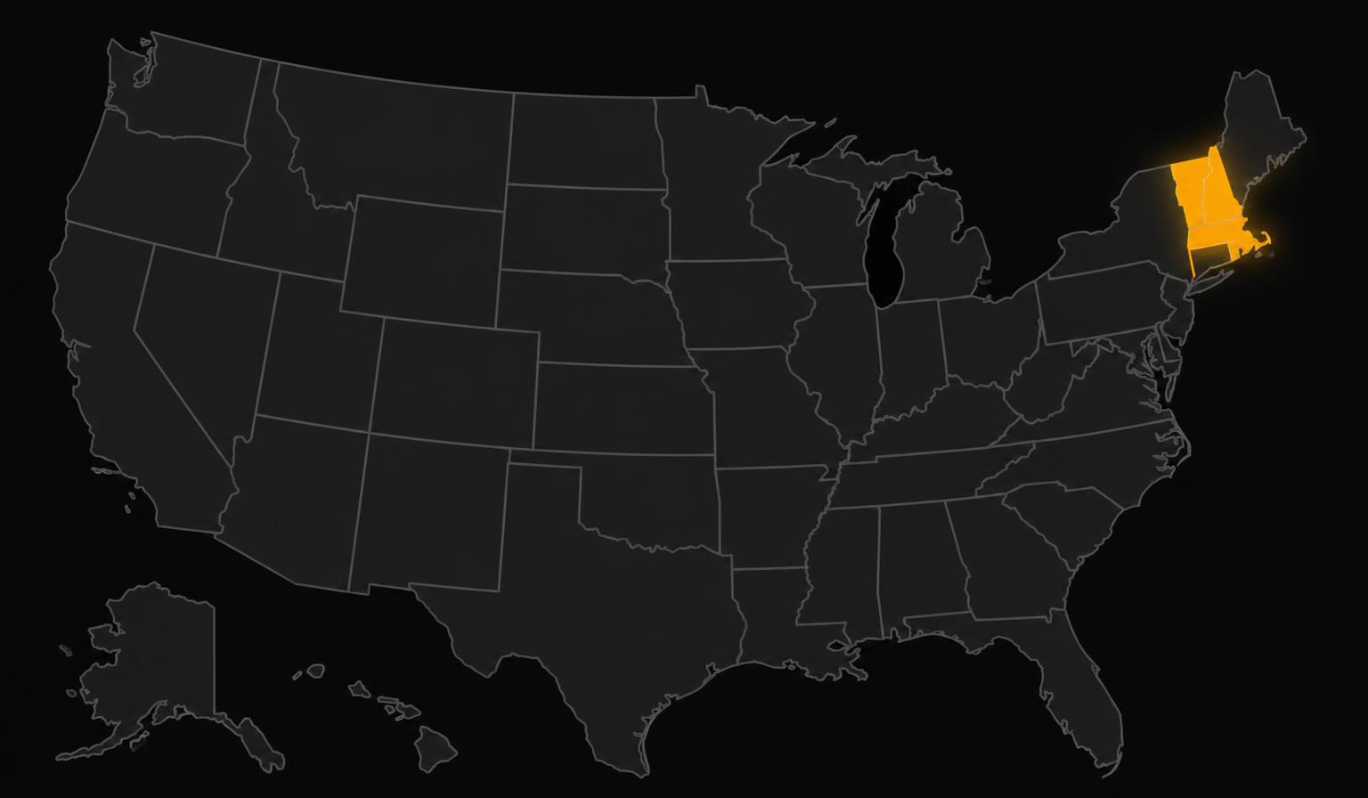 Map of the United States with Massachusetts, New Hampshire and Vermont highlighted