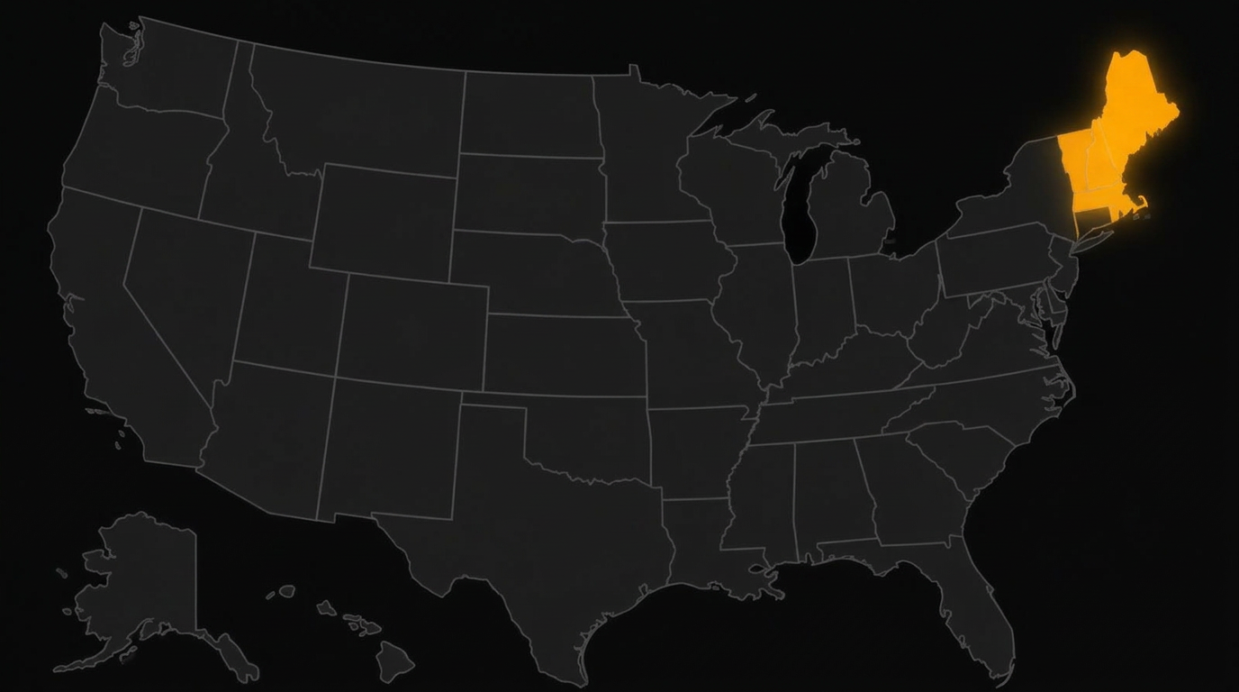 Map of the United States with Massachusetts, Maine, New Hampshire and Vermont highlighted